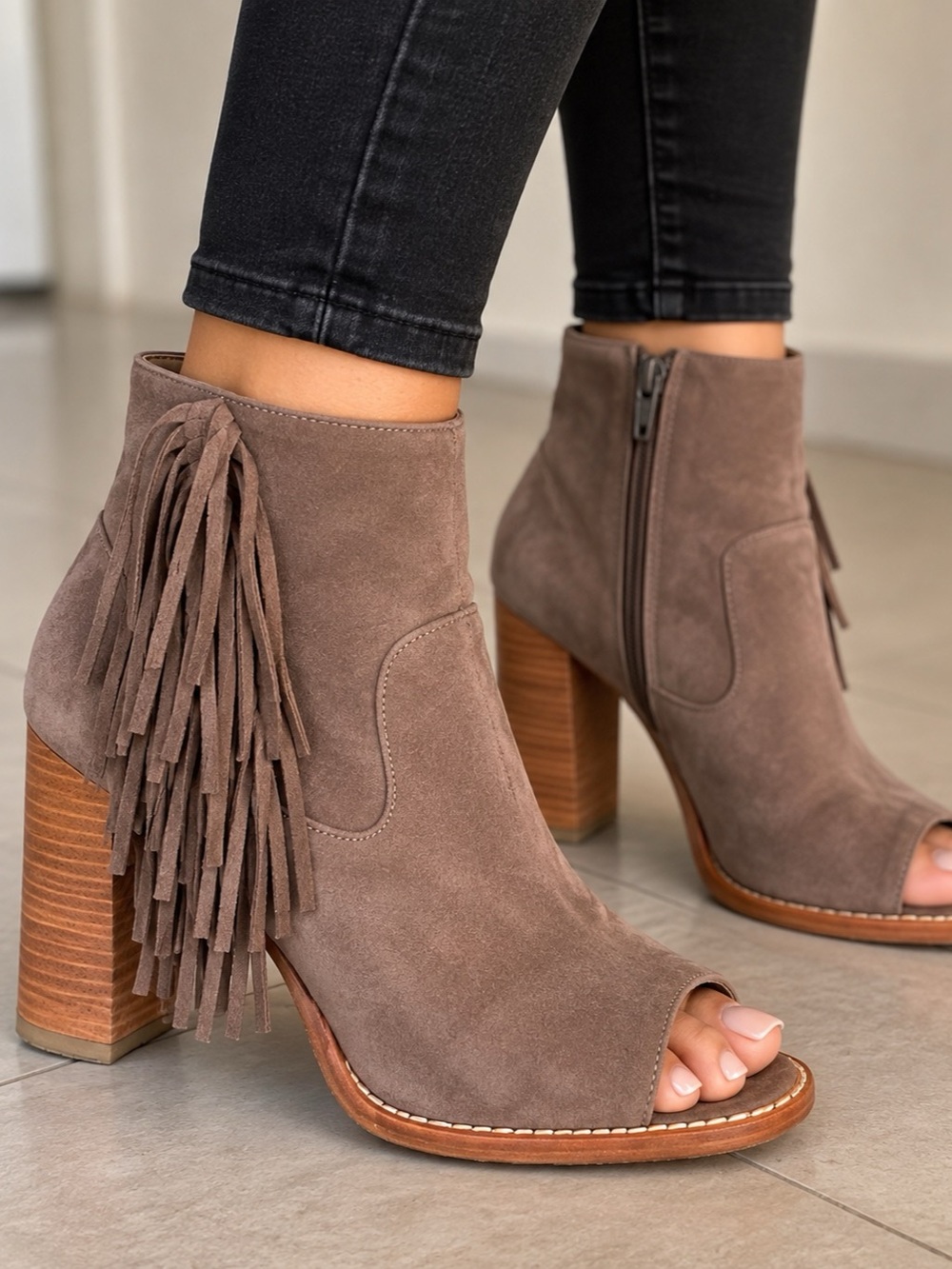 INCI Taupe Suede Fringe Peep Toe Ankle Boots Block Heel Size 38